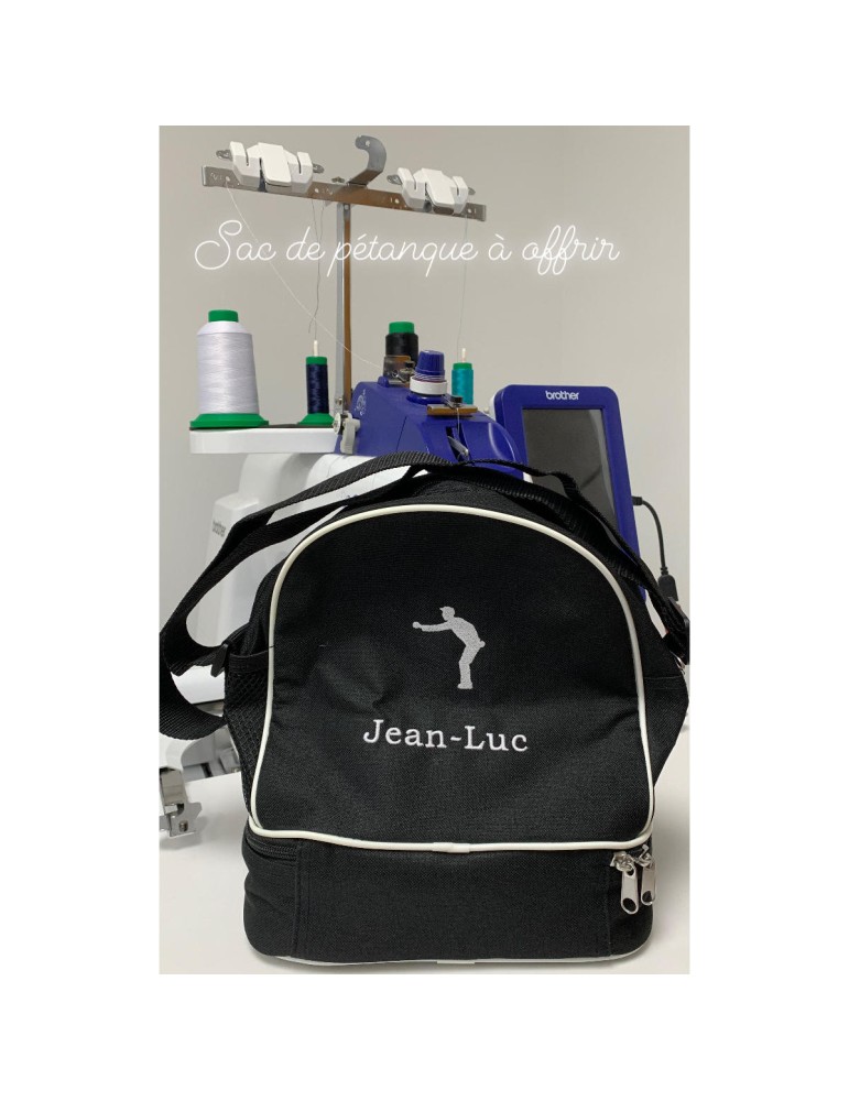 Sac de pétanque noir personnalisé avec prénom brodé Jean-Luc et motif bouliste