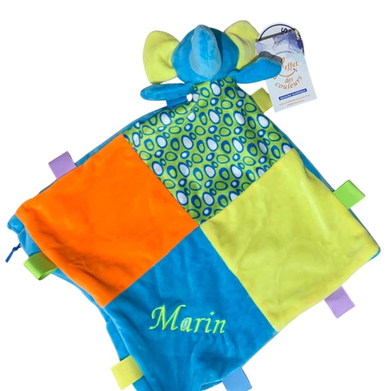 Doudou plat éléphant personnalisé prénom Marin